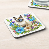Ai Waterverf Siamese kat in bloemen Bier Onderzetter (Linkerzijde)