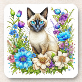 Ai Waterverf Siamese kat in bloemen Bier Onderzetter