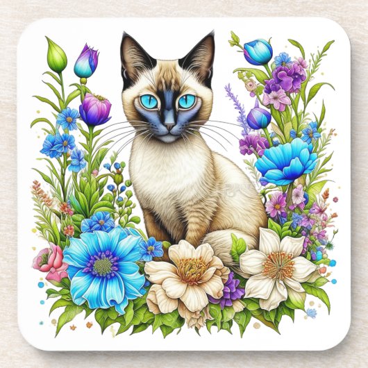 Ai Waterverf Siamese kat in bloemen Bier Onderzetter (Voorkant)