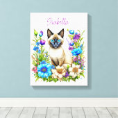 Ai Waterverf Siamese kat in bloemen gepersonalisee Canvas Afdruk (Insitu (Houten vloer))