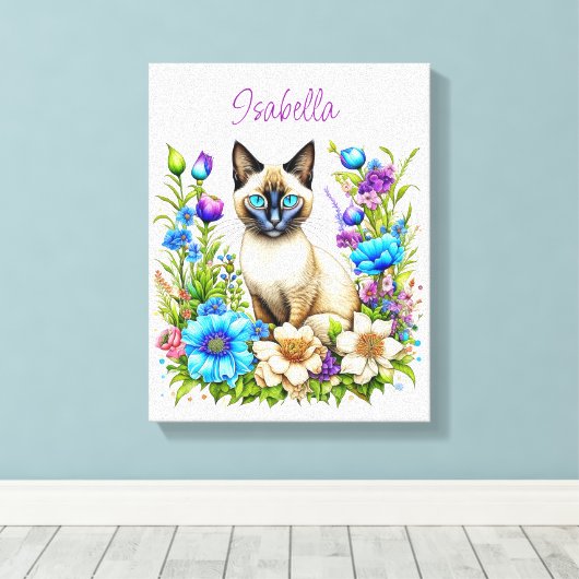 Ai Waterverf Siamese kat in bloemen gepersonalisee Canvas Afdruk (Insitu (Houten vloer))