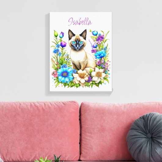 Ai Waterverf Siamese kat in bloemen gepersonalisee Canvas Afdruk (Insitu (Woonkamer))
