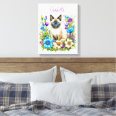 Ai Waterverf Siamese kat in bloemen gepersonalisee Canvas Afdruk (Insitu (Slaapkamer))