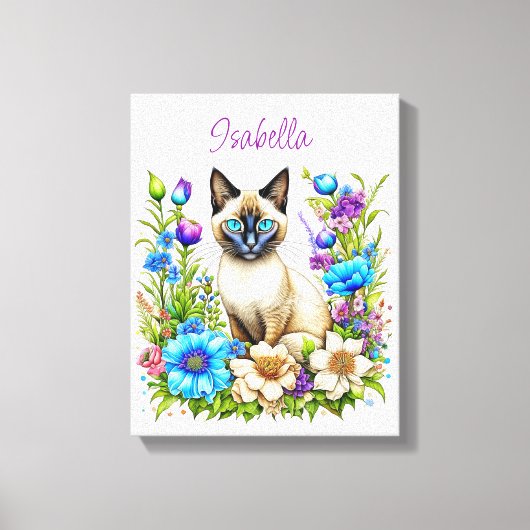 Ai Waterverf Siamese kat in bloemen gepersonalisee Canvas Afdruk (Voorkant)