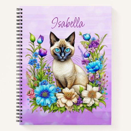 Ai Waterverf Siamese kat in bloemen gepersonalisee Notitieboek (Voorkant)