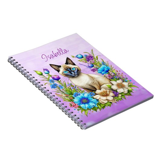 Ai Waterverf Siamese kat in bloemen gepersonalisee Notitieboek (Rechterzijde)