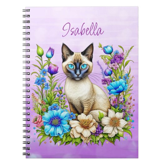 Ai Waterverf Siamese kat in bloemen gepersonalisee Notitieboek (Voorkant)