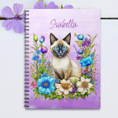 Ai Waterverf Siamese kat in bloemen gepersonalisee Notitieboek