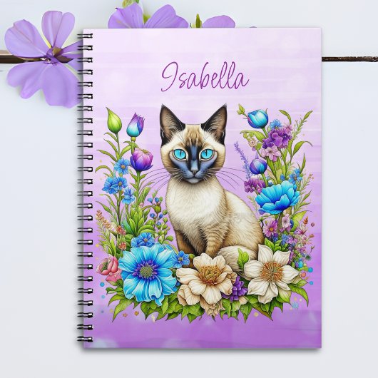Ai Waterverf Siamese kat in bloemen gepersonalisee Notitieboek