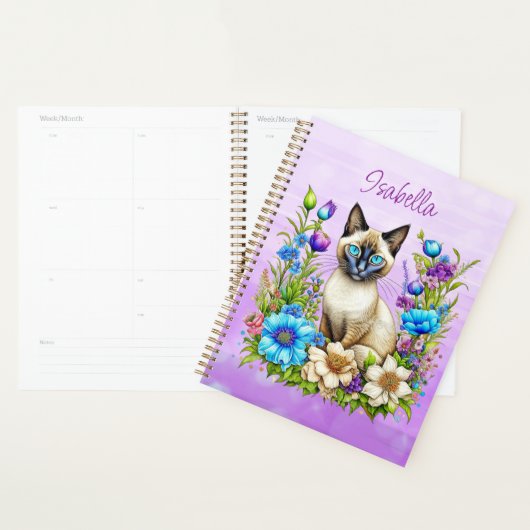 Ai Waterverf Siamese kat in bloemen gepersonalisee Planner (Display)