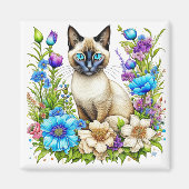 Ai Waterverf Siamese kat in bloemen Magneet (Voorkant)