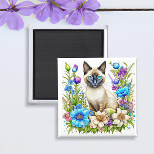 Ai-waterverf Siamese kat in bloemen Magneet