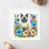 Ai Waterverf Siamese kat in bloemen Notitiekaartje (Voorkant / Achterkant in situ)