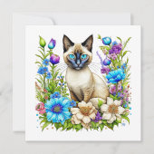 Ai Waterverf Siamese kat in bloemen Notitiekaartje (Voorkant)