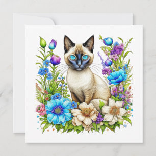 Ai Waterverf Siamese kat in bloemen Notitiekaartje