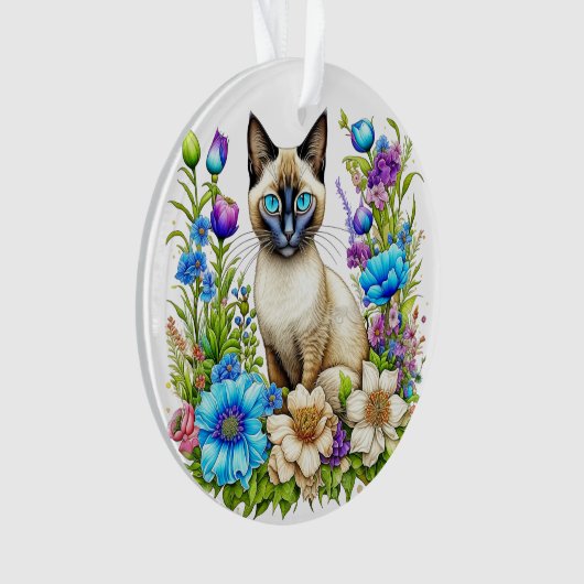 Ai Waterverf Siamese kat in bloemen Ornament (voorkant)
