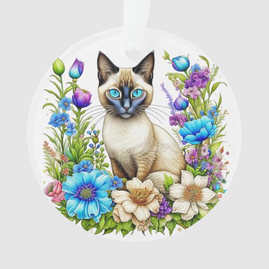 Ai Waterverf Siamese kat in bloemen Ornament (voorkant)