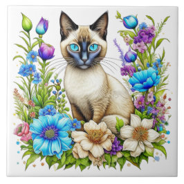 Ai Waterverf Siamese kat in bloemen Tegeltje