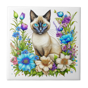 Ai Waterverf Siamese kat in bloemen Tegeltje