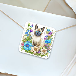 Ai Waterverf Siamese kat in bloemen Vierkante Sticker