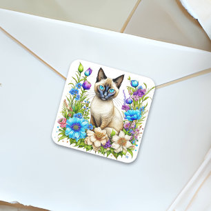 Ai Waterverf Siamese kat in bloemen Vierkante Sticker