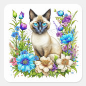 Ai Waterverf Siamese kat in bloemen Vierkante Sticker (Voorkant)