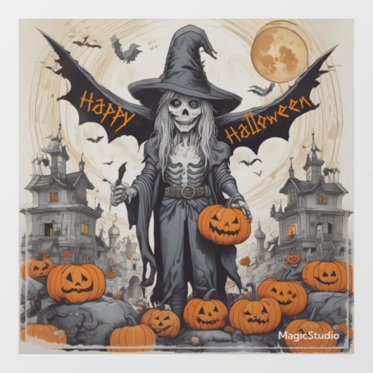 AI Winged Skeleton Halloween Window Cling Decal (Vel)
