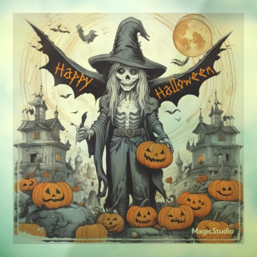 AI Winged Skeleton Halloween Window Cling Decal (Vel 3)