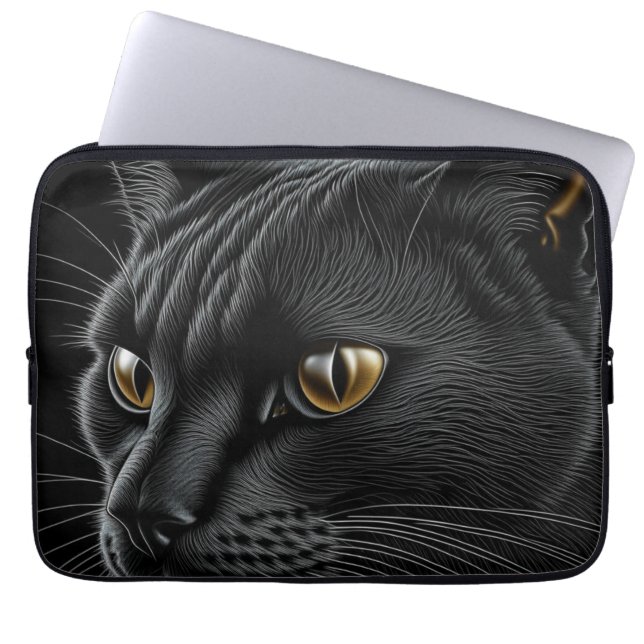 AI Zwarte Kat met Gele Ogen Laptop Sleeve (Voorkant)