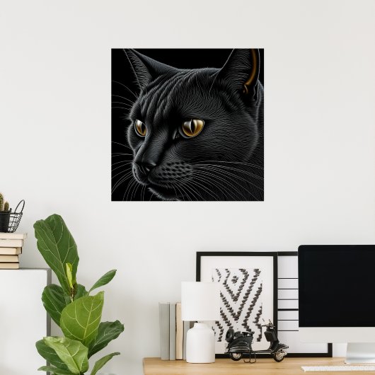 AI Zwarte Kat met Gele Ogen Poster (Thuiskantoor)