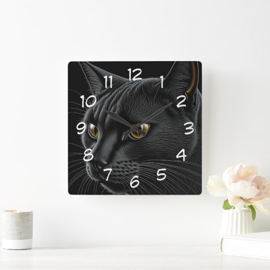 AI Zwarte Kat met Gele Ogen Vierkante Klok (Huis)