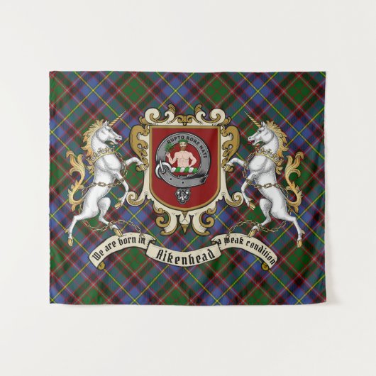Aikenhead Clan Badge & Unicorns w/Tartan Wandkleed (Voorkant (horizontaal))