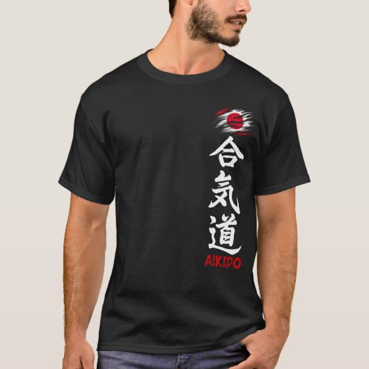 Aikido Kanji Donker T-shirt met Japanse vlag (Voorkant)