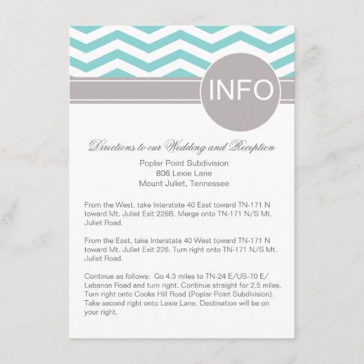 Aimee Chic Chevron Info Wedding Directions | blauw Informatiekaartje (Voorkant)