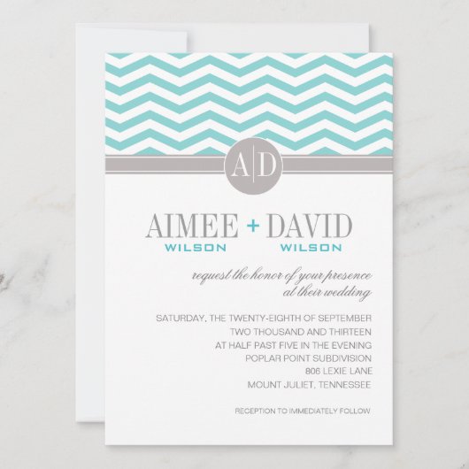 Aimee Chic Chevron Monogram | blauwgroen huwelijk Kaart (Voorkant)