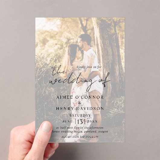 Aimee Rustic Script Modern Wedding Acryl Uitnodigingen (Insitu (Draagbaar))