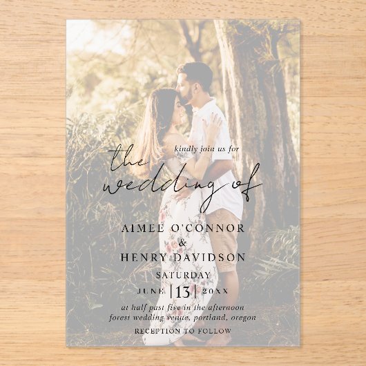 Aimee Rustic Script Modern Wedding Acryl Uitnodigingen (Voorkant)
