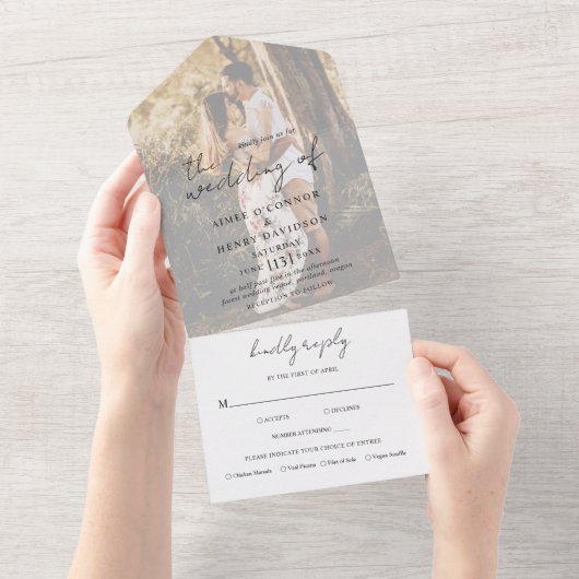 Aimee Rustic Script Modern Wedding All In One Uitnodiging (Afscheurbaar)