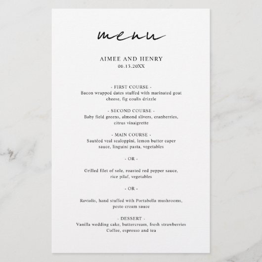 Aimee Rustic Script Modern Wedding Menu (Voorkant)