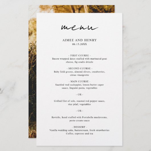 Aimee Rustic Script Modern Wedding Menu (Voorkant / Achterkant)