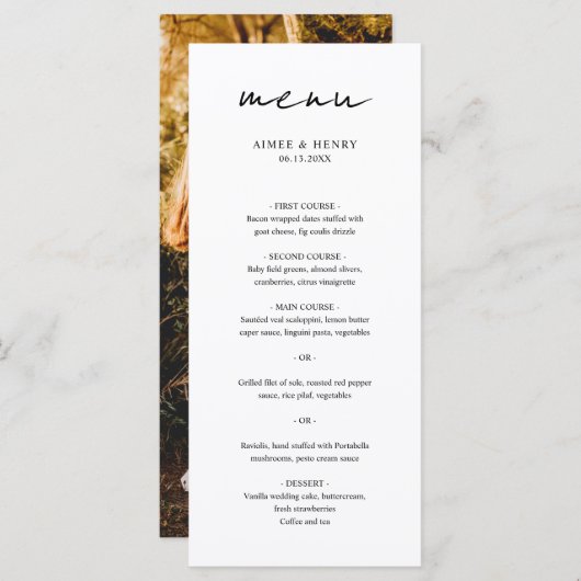 Aimee Rustic Script Modern Wedding Menu (Voorkant / Achterkant)