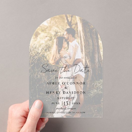 Aimee Rustic Script Modern Wedding Save the Date Acryl Uitnodigingen (Insitu (Draagbaar))