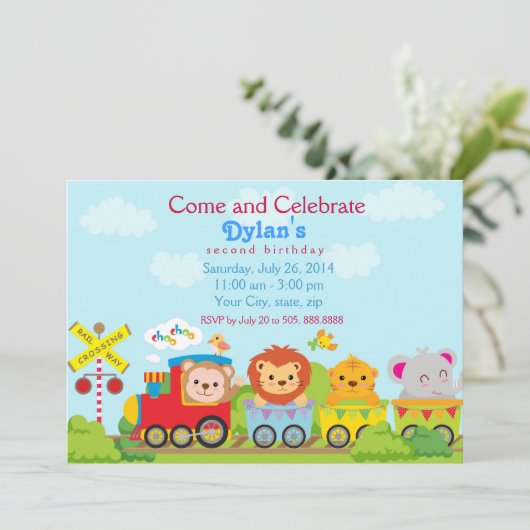Ainmal Zoo Train Birthday Party Invitation Kaart (Staand voorkant)