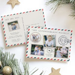 Air Mail Holiday Photo Collage Briefkaart<br><div class="desc">Het unieke ontwerp van het vakantie briefkaart neemt zijn richtsnoer van briefkaarten, met een blauwe en rode gestreepte grens en stempel-stijl foto's. Pas de voorzijde aan met uw familienaam, een korte vakantiegroet (getoond met "het verzenden van wenk"), en vier foto's. Voeg een extra foto aan de rug samen met een...</div>