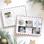 Air Mail Holiday Photo Collage Briefkaart | wit<br><div class="desc">Het unieke ontwerp van het vakantie briefkaart neemt zijn richtsnoer van briefkaarten, met een blauwe en rode gestreepte grens en stempel-stijl foto's op een scherpe witte achtergrond. Pas de voorzijde aan met uw familienaam, een korte vakantiegroet (getoond met "het verzenden van wenk"), en vier foto's. Voeg een extra foto aan...</div>