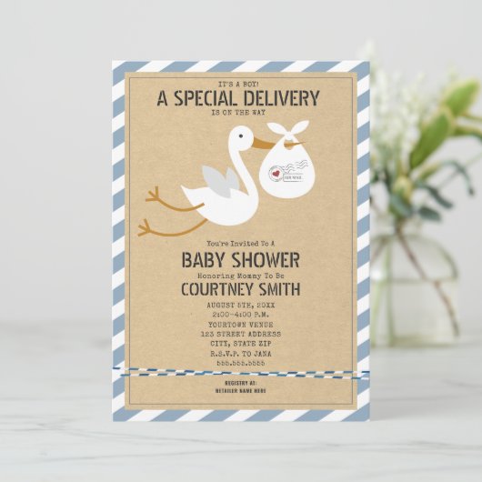 Air Mail Special Delivery Stork Boy Baby shower Kaart (Staand voorkant)