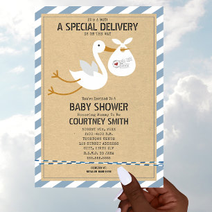 Air Mail Special Delivery Stork Boy Baby shower Kaart
