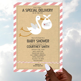 Air Mail Special Delivery Stork Girl Baby shower Kaart