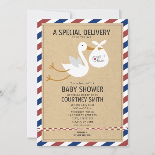 Air Mail Special Delivery Stork Unisex Baby shower Kaart (Voorkant)