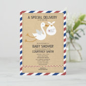 Air Mail Special Delivery Stork Unisex Baby shower Kaart (Staand voorkant)